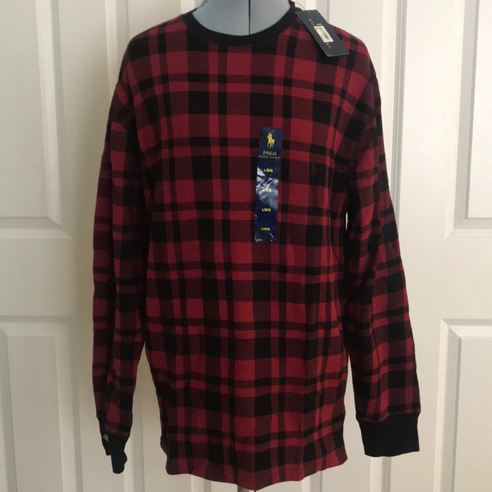 New Polo Ralph Lauren Black Red Buffalo Plaid Check Thermal Waffle Shirt L